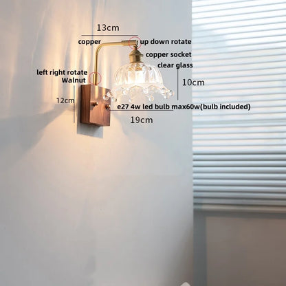DecorBites™ Clear Glass LED Wall Light Walnut Bedside Lamp Modern Rotatable Brass Wall Lights