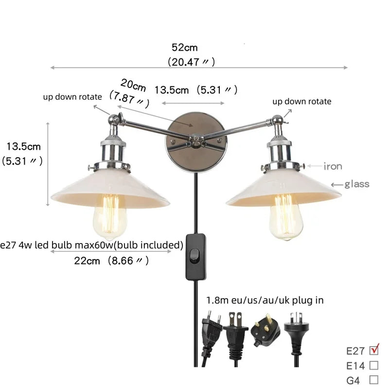 Aplique de pared DecorBites™ de cristal con 2 luces y interruptor de cadena para dormitorio y baño.