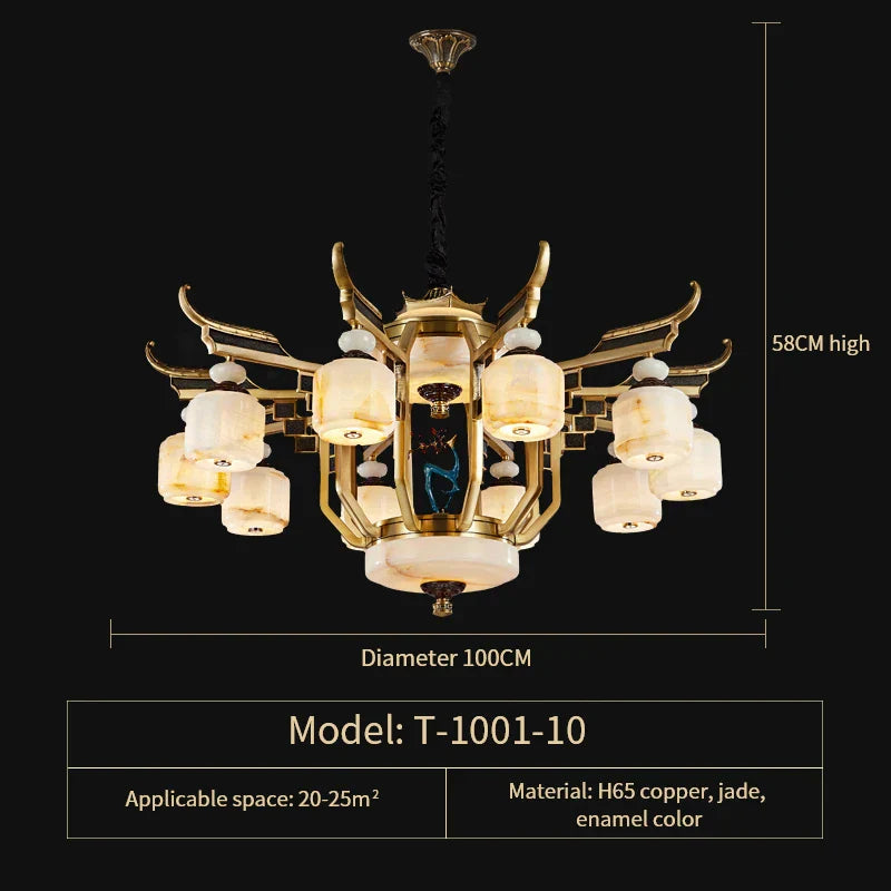 ثريا ديكوربايتس™ المصنوعة من النحاس بالكامل من اليشم لغرفة المعيشة أو غرفة الطعام في الفيلا - مصباح نحاسي مزدوج على الطراز الصيني