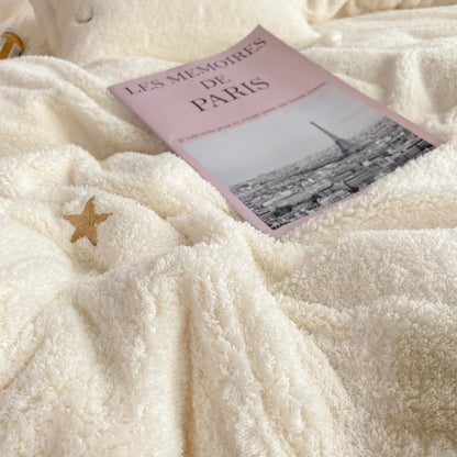 DecorBites™ Berber Fleece Star Bear Embroidery Bedding Set - Cream White, Winter Home Textiles