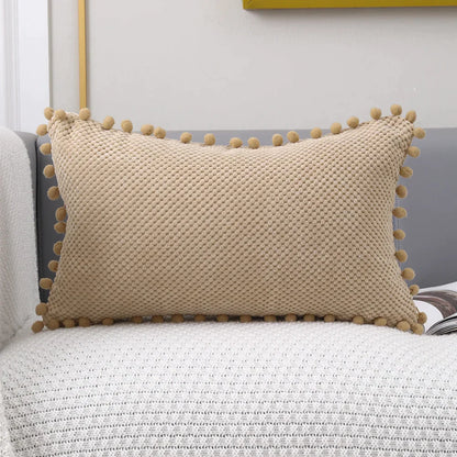 Juego de fundas de cojín decorativas DecorBites™ con pompones color beige - Decoración de sofá de primera calidad para el hogar