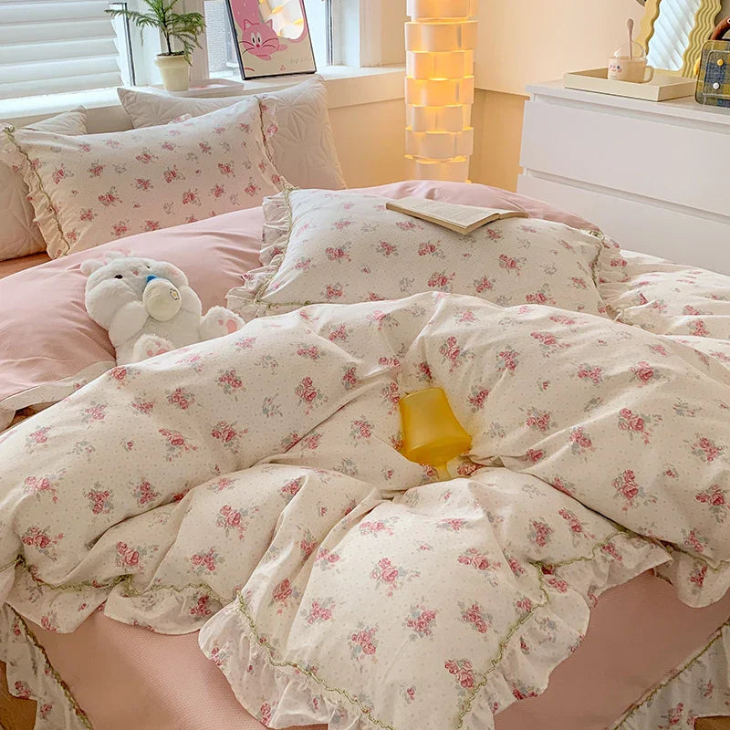 Decobites Floral Lace Ruffles Girl Bedding Set with Quilt/Duvet Cover, Sheet & Pillowcases