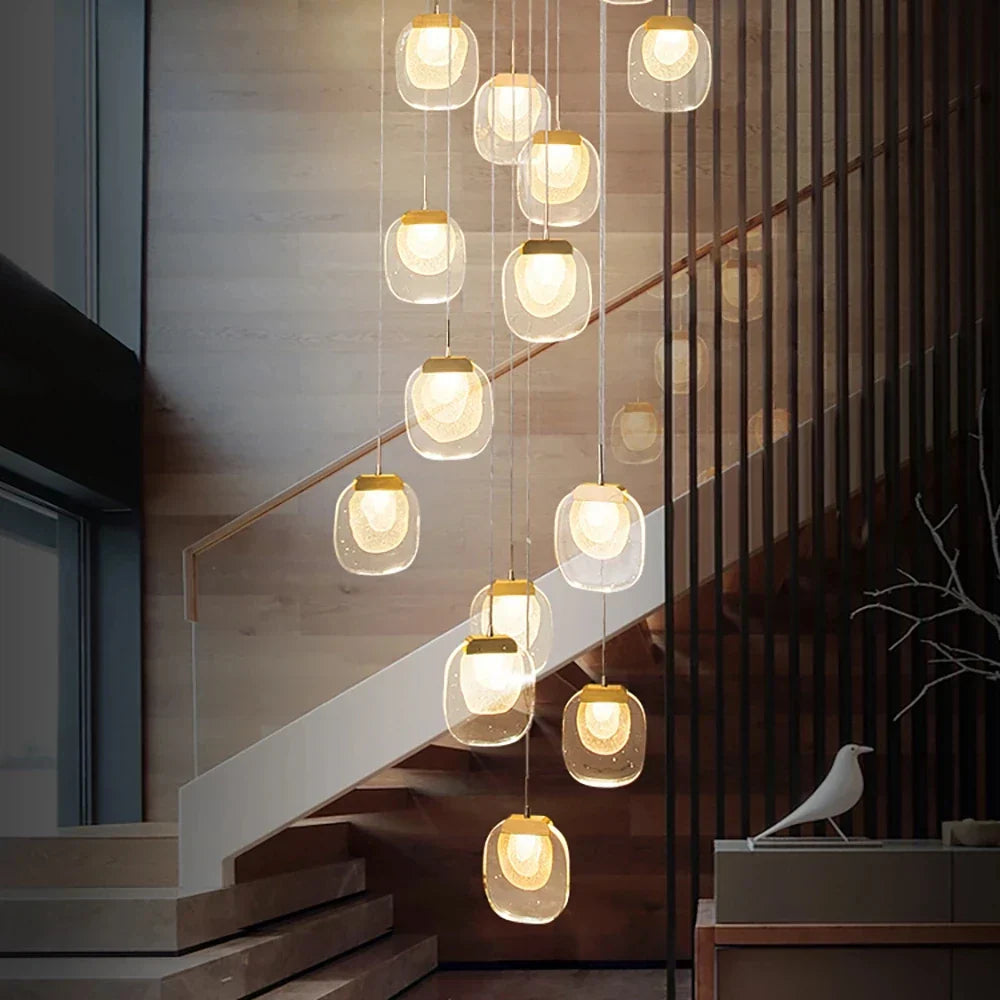 Chandelier de Escalera de Cristal Oro Decorbites™: Iluminación de Lujo Interior para Comedor y Pasillo