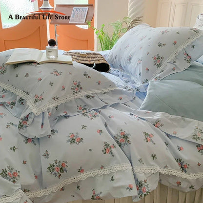 Decobites Lace Ruffles Floral Velvet Patchwork Duvet Cover Bedding Set