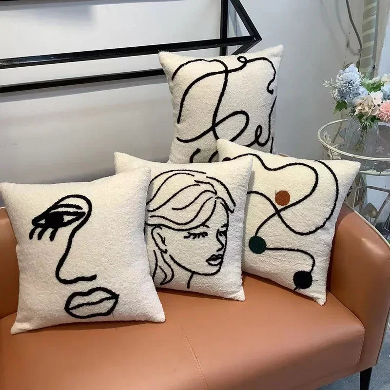 DecorBites™ Lambswool Face Embroidered Cushion Cover 45x45 - Beige White Abstract Art Pillowcase