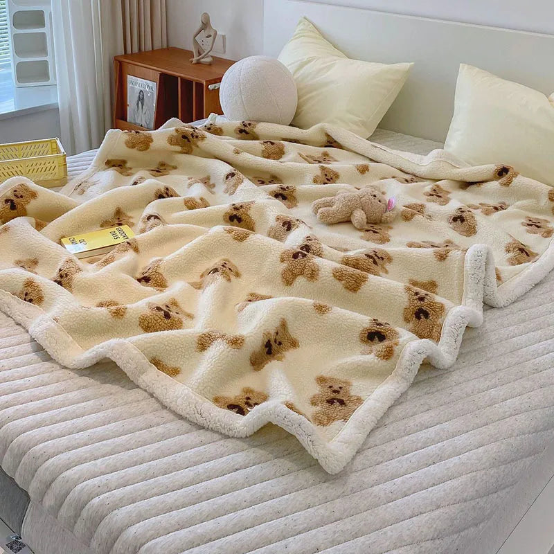 DecorBites™ Little Bear Lamb Plush Blanket, Double Layered Warm Fleece Cover