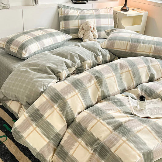 DecorBites™ Grid Print Cotton Bedding Set for Single Double Beds