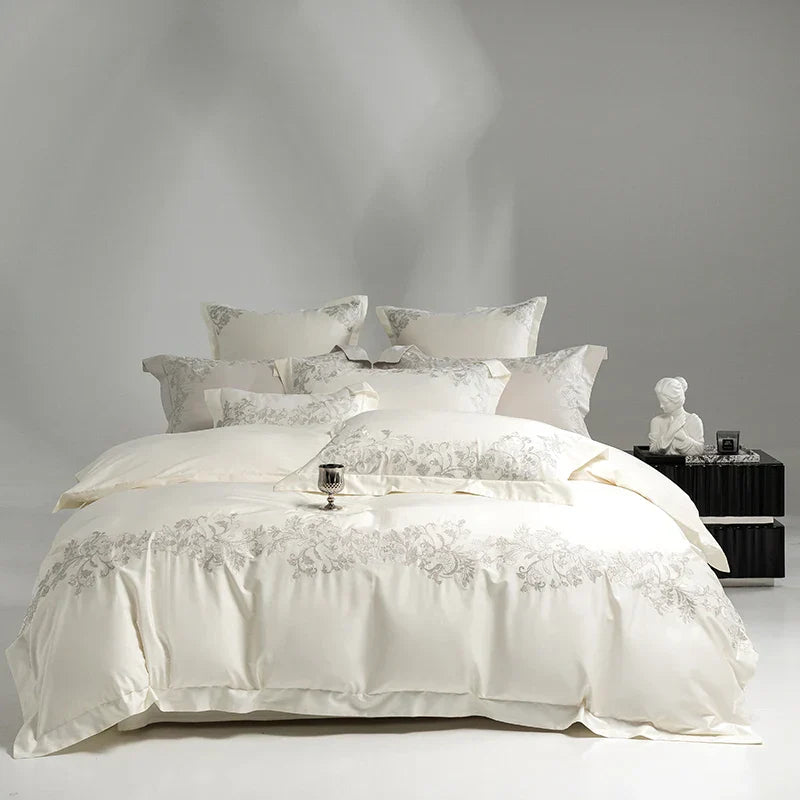 Decobites Luxury Embroidery Bedding Set: Pearl White 1000TC Egyptian Cotton Duvet Cover, Sheets, Pillowcases