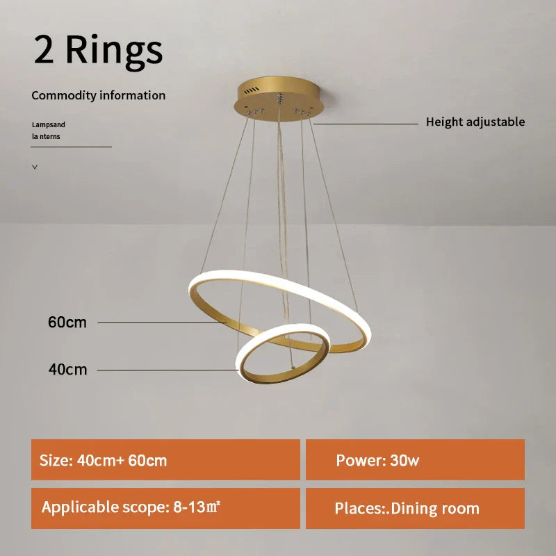 DecorBites™ Gold Circle Rings Chandelier LED Pendant Light for Living Room, Kitchen, Dining Room