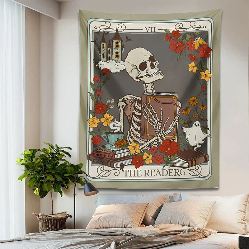 Decobites Reader Tarot Card Tapestry: Mystical Skeleton Wall Hanging for Home Decor