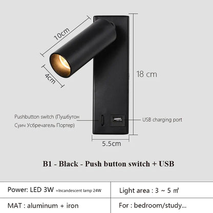DecorBites™ Black Brass LED Wall Lamp Sconce with Switch and USB Port, 3W Spotlight