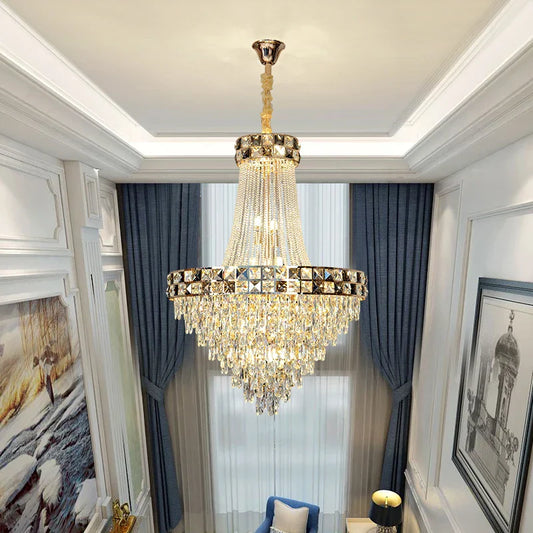 DecorBites™ Crystal Chandelier: Smart Dimming Duplex Villa Pendant for Luxe Living Rooms