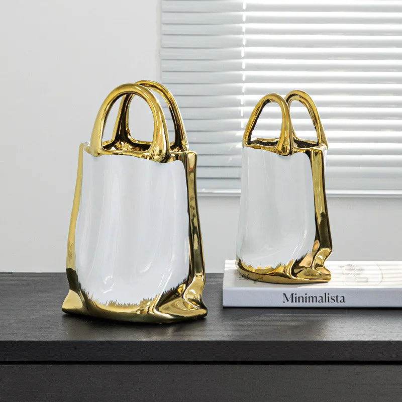 DecorBites™ Gold Handbag Vase: Creative Ceramic Floral Arrangement Terrarium Home Decor