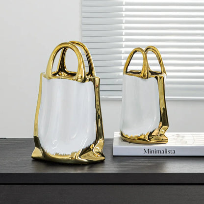 DecorBites™ Gold Handbag Vase: Creative Ceramic Floral Arrangement Terrarium Home Decor