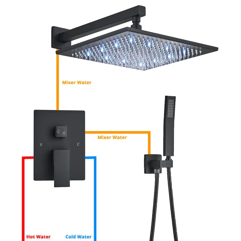 DecorBites™ LED Black Wall Mounted Shower Faucet Set with Rainfall Shower Head