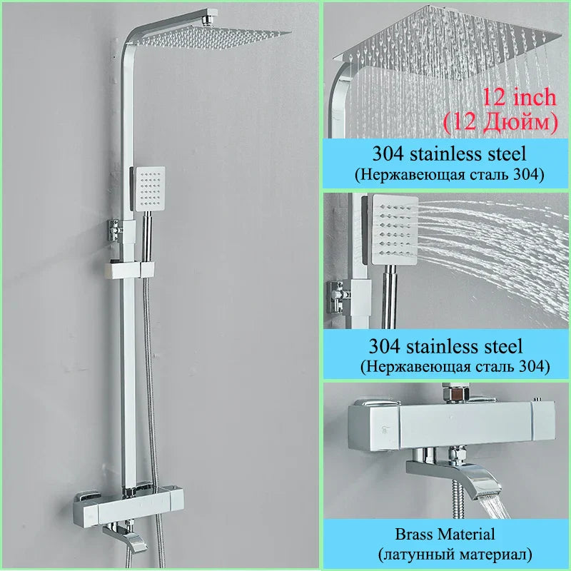 DecorBites™ Golden Thermostatic Shower Faucet Set with Rainfall Shower Column and 3-Way Mixer