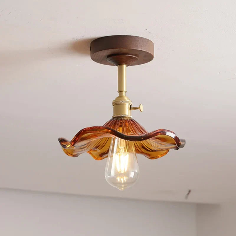 Green Glass Ceiling Lamp Copper Wood Accent