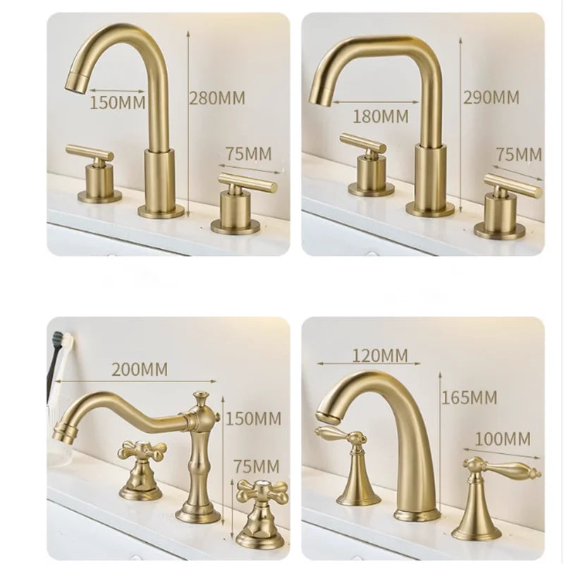 DecorBites™ Brushed Gold Brass Basin Faucet | Widespread Waterfall Sink Faucet
