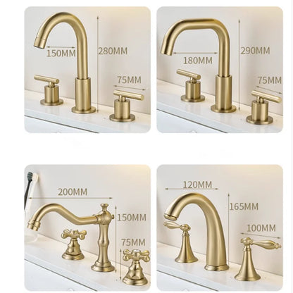 DecorBites™ Brushed Gold Brass Basin Faucet | Widespread Waterfall Sink Faucet
