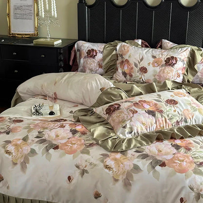 Decobites French Vintage Ruffles Bedding Set in Egyptian Cotton with Flowers Prints