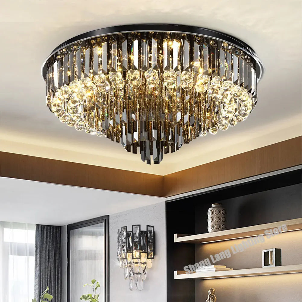 DecorBites™ Crystal LED Chandelier: Modern Smoky Gray Clear Cristal Lighting for Big Living Room
