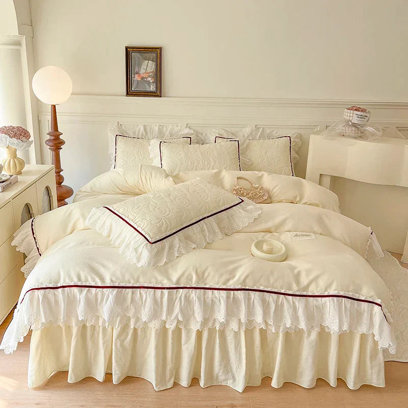 DecorBites™ Lace Ruffles Bedding Set: 4pcs Solid Color Princess Quilt Cover, Bed Skirt, 100% Cotton Pillowcase