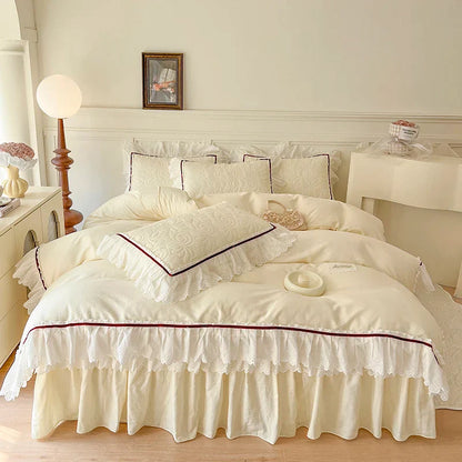 DecorBites™ Lace Ruffles Bedding Set: 4pcs Solid Color Princess Quilt Cover, Bed Skirt, 100% Cotton Pillowcase