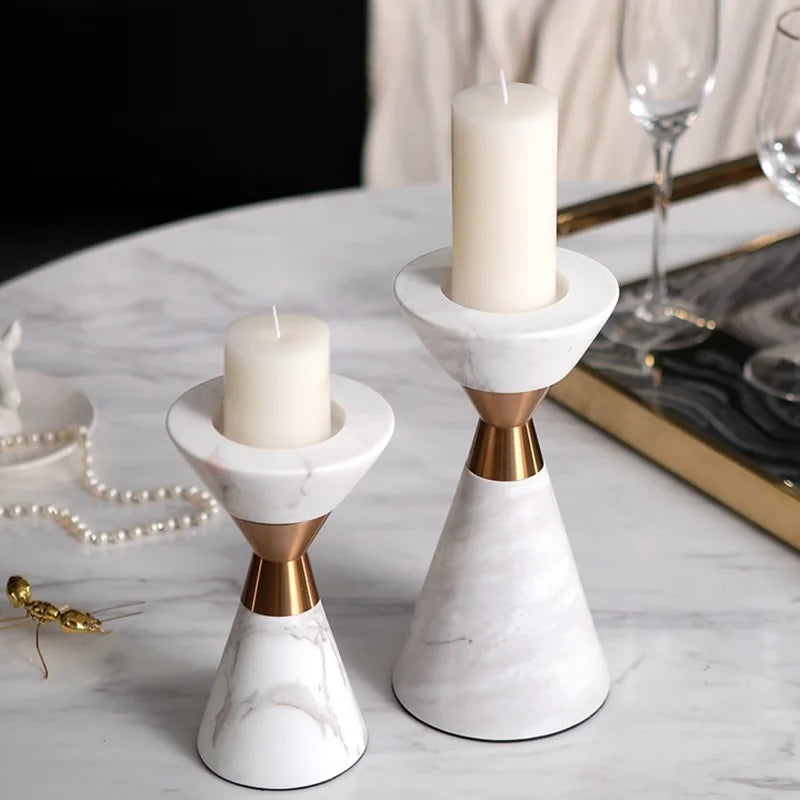 DecorBites™ Golden Metal & White Volakos Marble Wedding Candlesticks