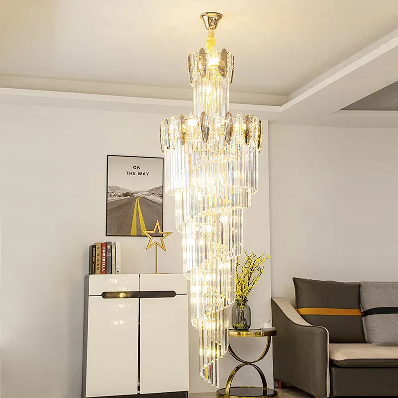 DecorBites™ Crystal Chandelier: Elegant minimalist duplex living room lighting with a touch of luxury.