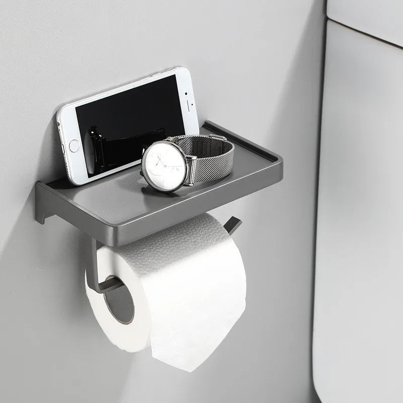 DecorBites™ Aluminum Gray Bathroom Paper Roll Holder with Phone Shelf, Tissue Box Rack