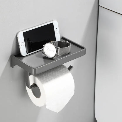 DecorBites™ Aluminum Gray Bathroom Paper Roll Holder with Phone Shelf, Tissue Box Rack