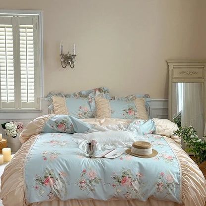 Decobites Korean Princess Style Floral Cotton Bedding Set with Ruffles