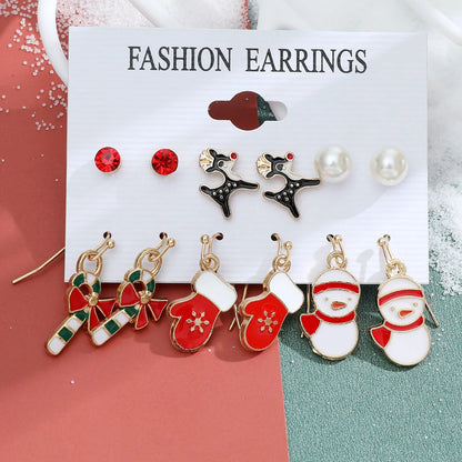 6 pairs/lot Christmas Earrings Xmas Tree Elk Snowman Santa Claus Cute Stud Earrings Set Kit Christmas Gifts For Women Girls Kids