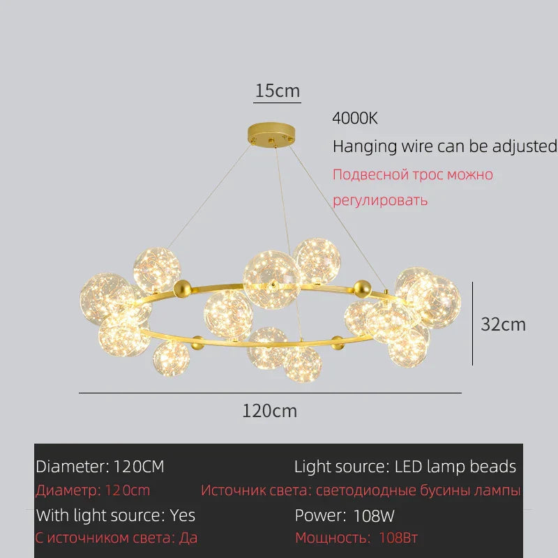 DecorBites™ LED Glass Bulb Pendant Light: Modern Round Design, Gold/Black, Gypsophila String