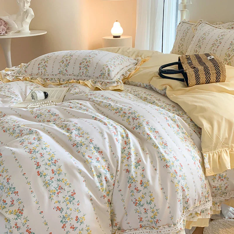 DecorBites™ Lace Ruffles Cotton Floral Duvet Set with Pillowcase, Princess Bedding