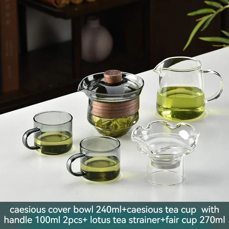 Decorbites™ Glas-Gaiwan-Tassen-Set mit Holzring, 240 ml Tee-Trennung & Filter, hitzebeständig