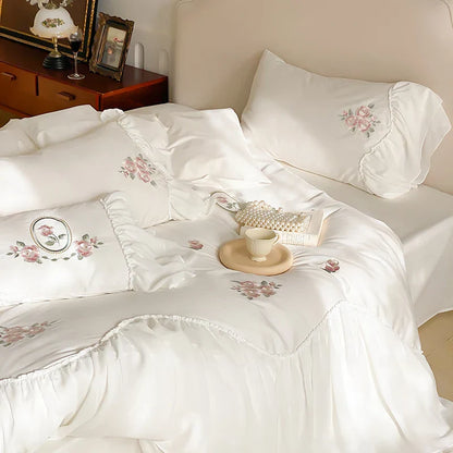 Decobites Lace Ruffles Flowers Embroidery 4Pc Egyptian Cotton Bedding Set