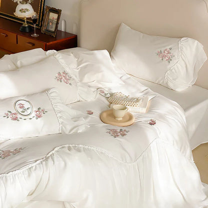 DecorBites™ Lace Ruffles Flowers Embroidery 4Pc Egyptian Cotton Bedding Set