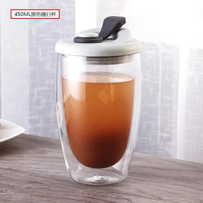 DecorBites™ Double Deck Insulated Glass Coffee Mug With Lid Heat Resistant Water Cup