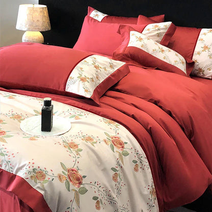 Decobites Luxury Rose Flowers Embroidery Bedding Set in Red