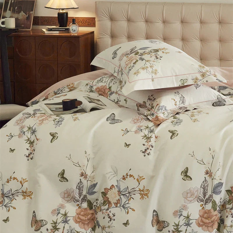 Decobites Butterfly Blooming Flowers Print 100% Egyptian Cotton Bedding Set