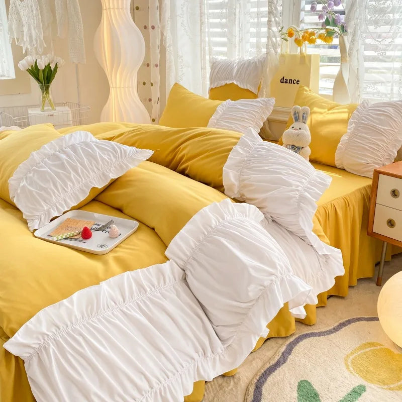 DecorBites™ Lace Trim Solid Cotton Bedding Set - Queen/King/Double/Single Sizes