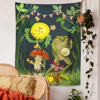 Frog Mushroom Tapestry Wall Hanging by Decobites: Psychedelic Forest Animals Gathering Art Home Decor