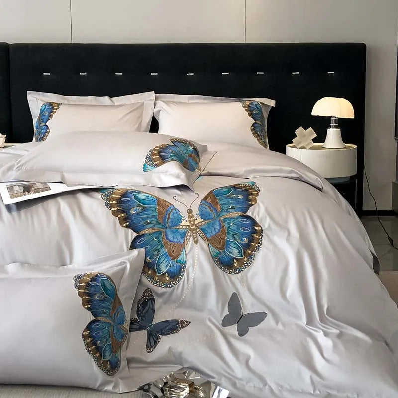 DecorBites™ Butterfly Embroidery Bedding Set: King/Queen/Ru Size Bed Linens, Sheet, Pillowcase, Comforter Cover
