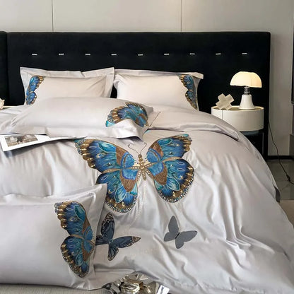 DecorBites™ Butterfly Embroidery Bedding Set: King/Queen/Ru Size Bed Linens, Sheet, Pillowcase, Comforter Cover