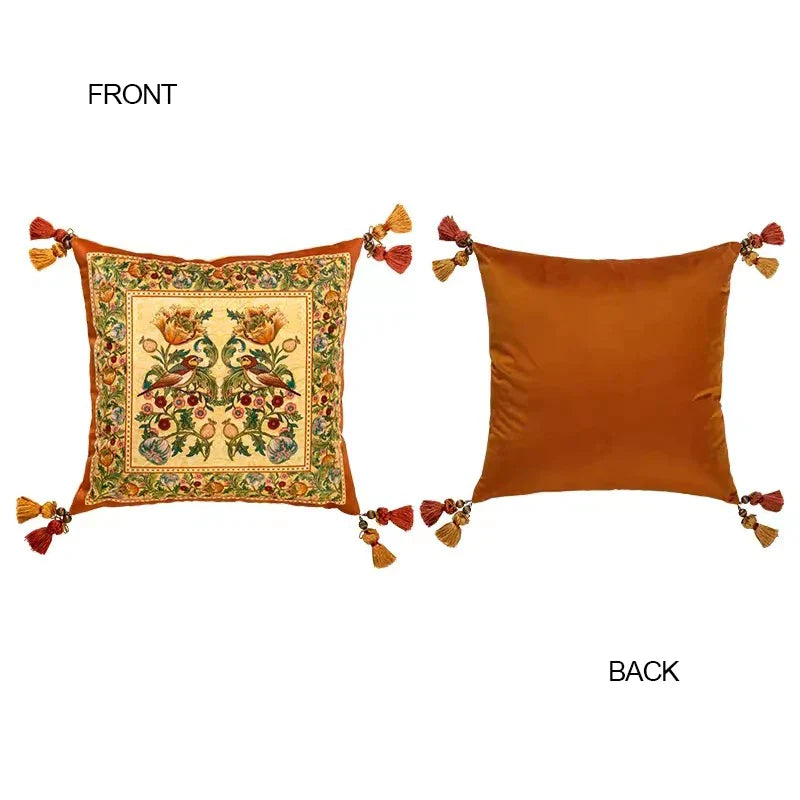 DecorBites™ Gobelin Tapestry Style Reversible Cushion Cover with Tassels and Retro Birds Floral Decor