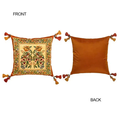 DecorBites™ Gobelin Tapestry Style Reversible Cushion Cover with Tassels and Retro Birds Floral Decor