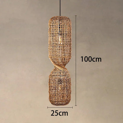 Vintage Hand-Woven Brown Rattan Cylinder Pendant Light