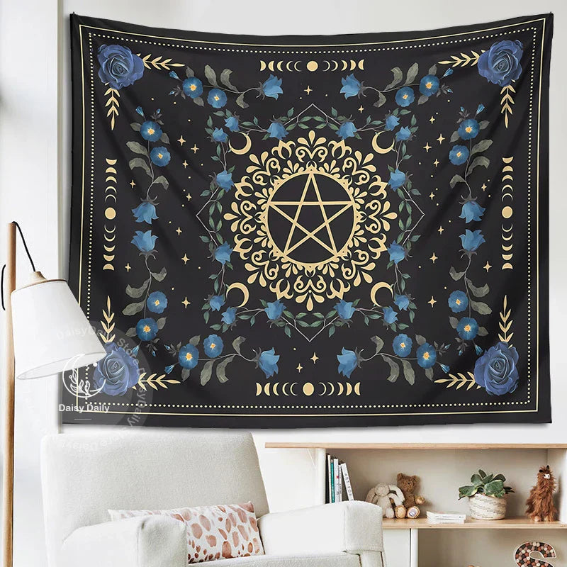 Decobites Blue Rose Moon Floral Tapestry Wall Hanging Botanical Tarot Mat