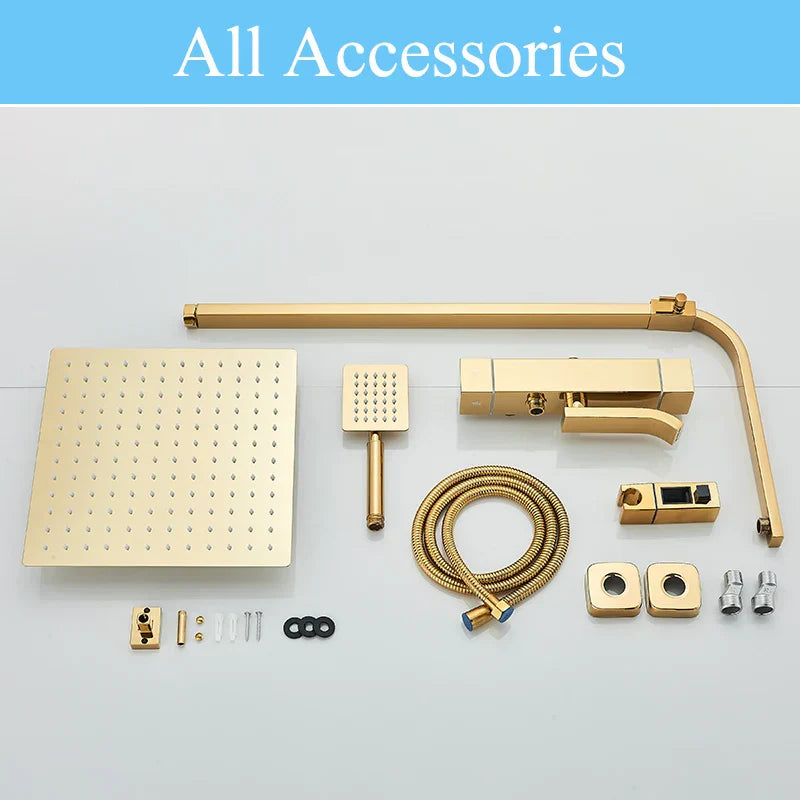 DecorBites™ Golden Thermostatic Shower Faucet Set with Rainfall Shower Column and 3-Way Mixer